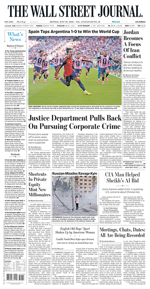 Prima pagina The Wall Street Journal di oggi - Quotidiano finanza