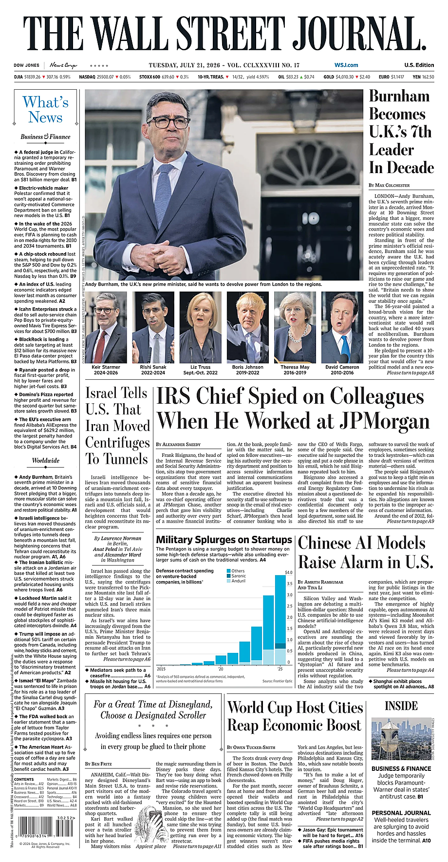 Prima pagina The Wall Street Journal di oggi - Edicola 21 Luglio 2026