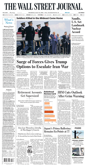 Prima pagina The Wall Street Journal di oggi - Quotidiano finanza