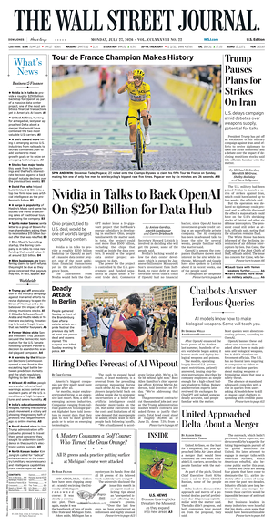 Prima pagina The Wall Street Journal di oggi - Quotidiano finanza