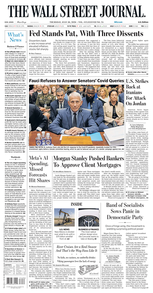 Prima pagina The Wall Street Journal di oggi - Quotidiano finanza