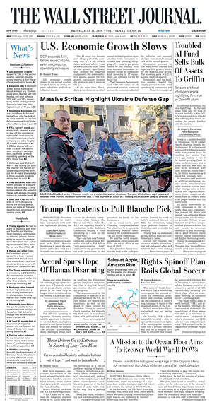 Prima pagina The Wall Street Journal di oggi - Quotidiano finanza