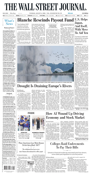 Prima pagina The Wall Street Journal di oggi - Quotidiano finanza