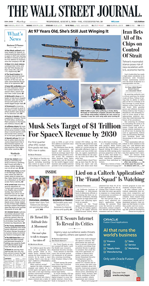 Prima pagina The Wall Street Journal di oggi - Quotidiano finanza