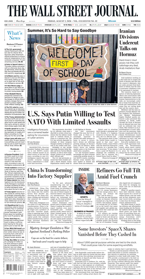 Prima pagina The Wall Street Journal di oggi - Quotidiano finanza