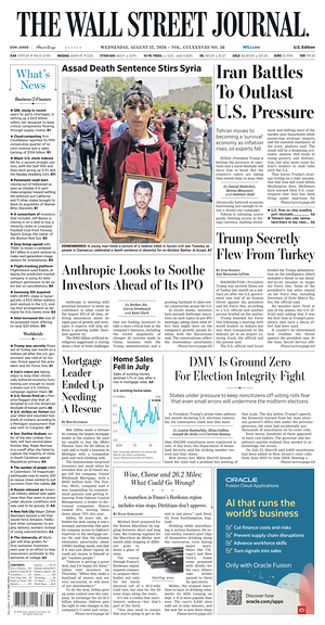 Prima pagina The Wall Street Journal di oggi - Quotidiano finanza