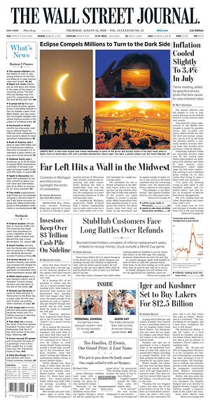 Prima pagina The Wall Street Journal di oggi - Quotidiano finanza