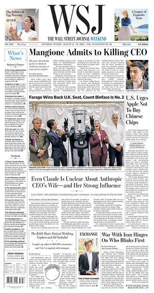 Prima pagina The Wall Street Journal di oggi - Quotidiano finanza