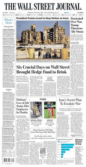 Prima pagina The Wall Street Journal di oggi - Quotidiano finanza