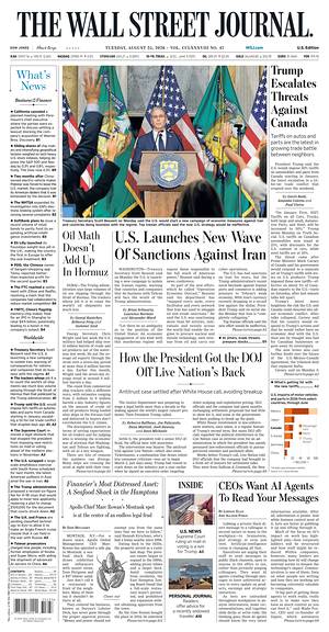 Prima pagina The Wall Street Journal di oggi - Quotidiano finanza