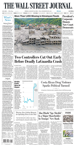 Prima pagina The Wall Street Journal di oggi - Quotidiano finanza