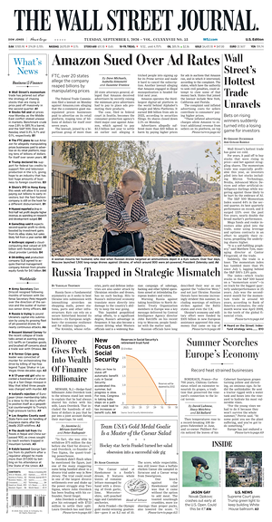 Prima pagina The Wall Street Journal di oggi - Quotidiano finanza