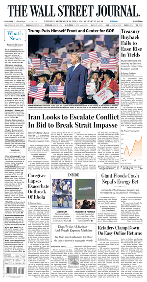 Prima pagina The Wall Street Journal di oggi - Quotidiano finanza
