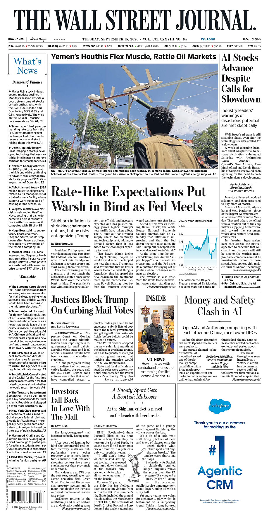 Portada The Wall Street Journal de hoy - Quiosco 15 septiembre 2026