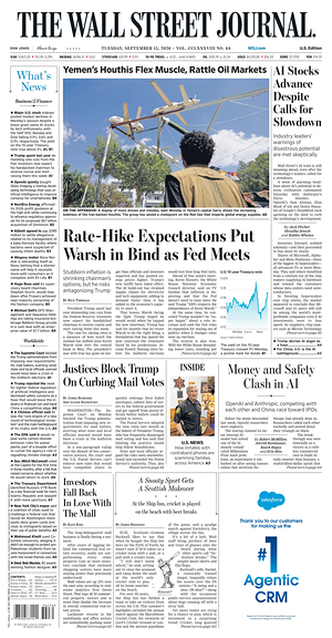 Prima pagina The Wall Street Journal di oggi - Quotidiano finanza