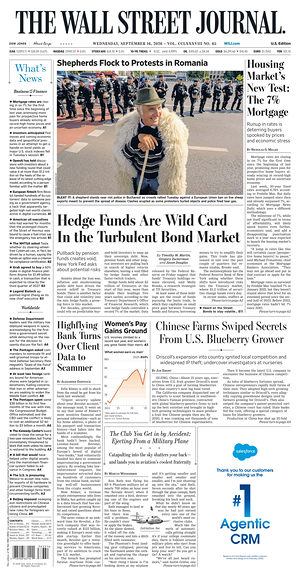 Prima pagina The Wall Street Journal di oggi - Quotidiano finanza