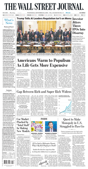 Prima pagina The Wall Street Journal di oggi - Quotidiano finanza
