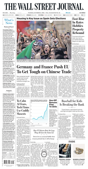 Prima pagina The Wall Street Journal di oggi - Quotidiano finanza
