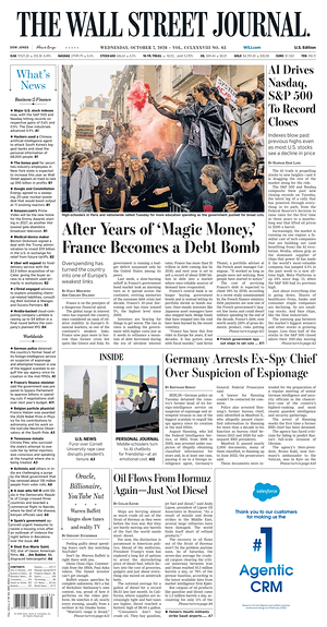 Prima pagina The Wall Street Journal di oggi - Quotidiano finanza