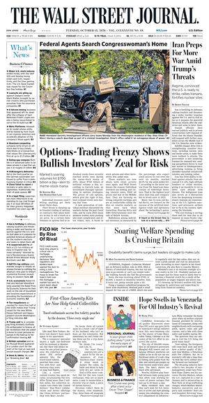 Prima pagina The Wall Street Journal di oggi - Quotidiano finanza