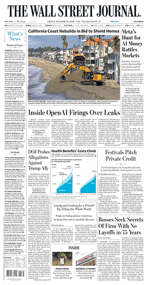 Prima pagina The Wall Street Journal di oggi - Quotidiano finanza