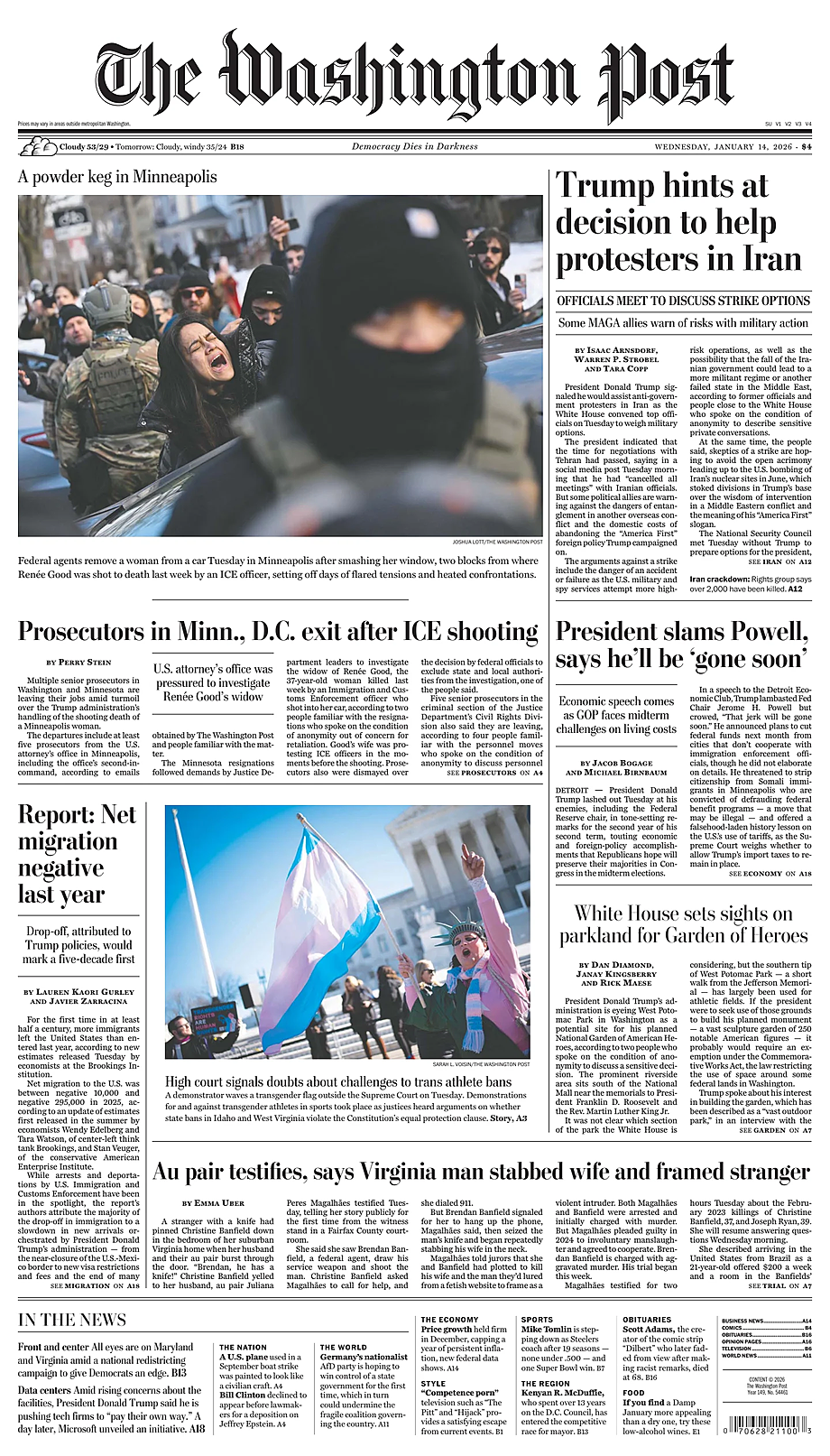 Prima pagina The Washington Post di oggi - Edicola 14 Gennaio 2026