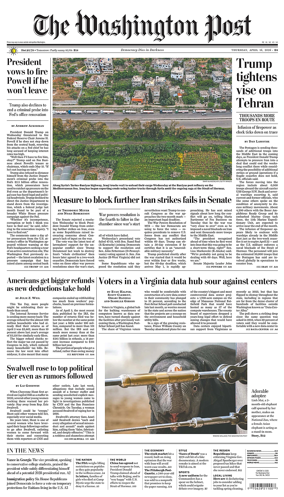 Prima pagina The Washington Post di oggi - Edicola 16 Aprile 2026