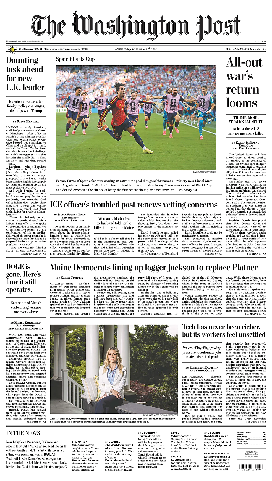 Prima pagina The Washington Post di oggi - Edicola 20 Luglio 2026
