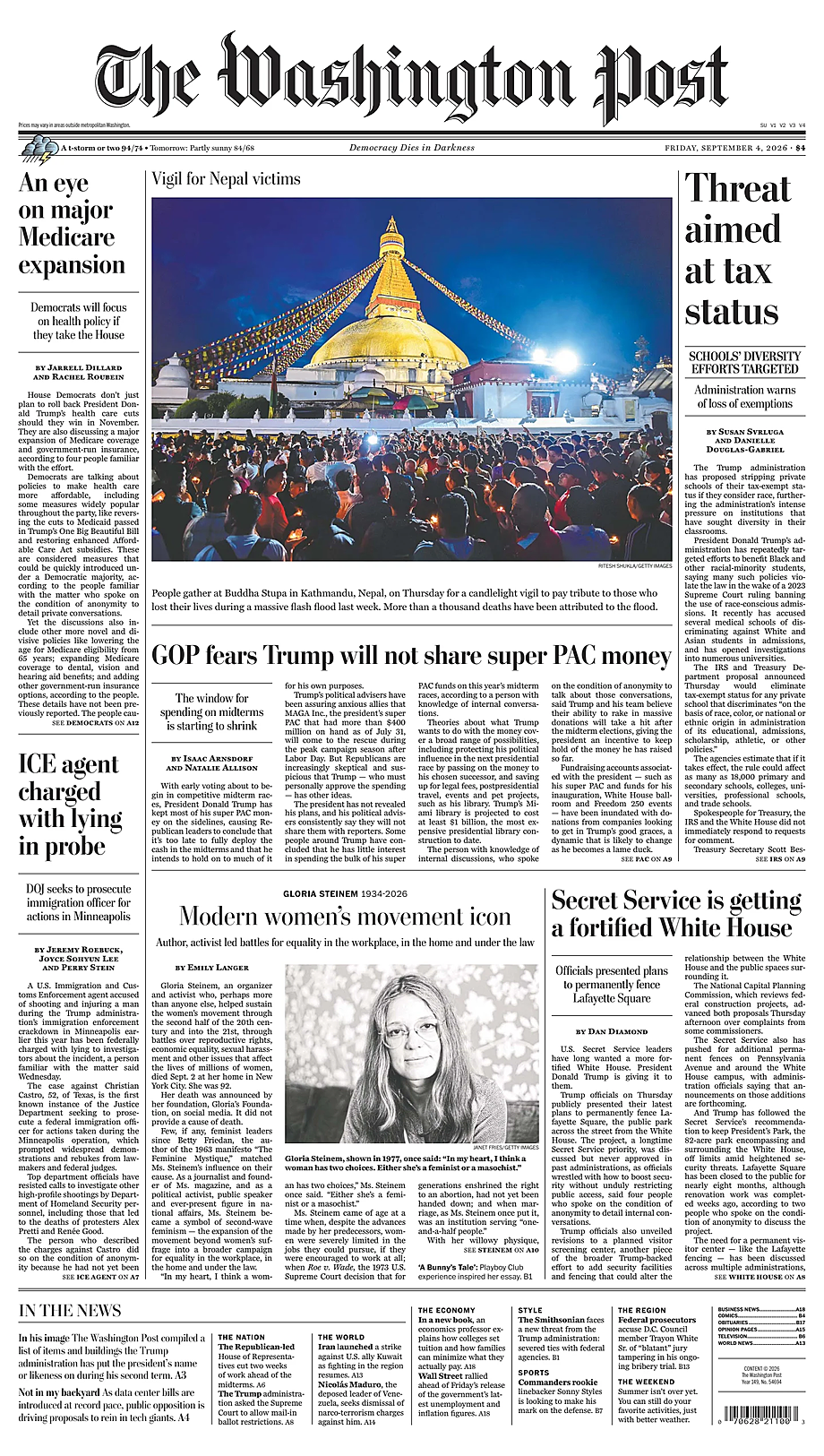 Prima pagina The Washington Post di oggi - Edicola 4 Settembre 2026