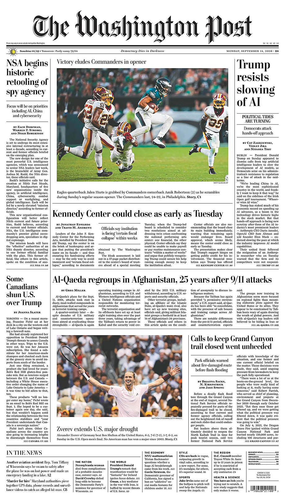 Portada The Washington Post de hoy - Quiosco 14 septiembre 2026