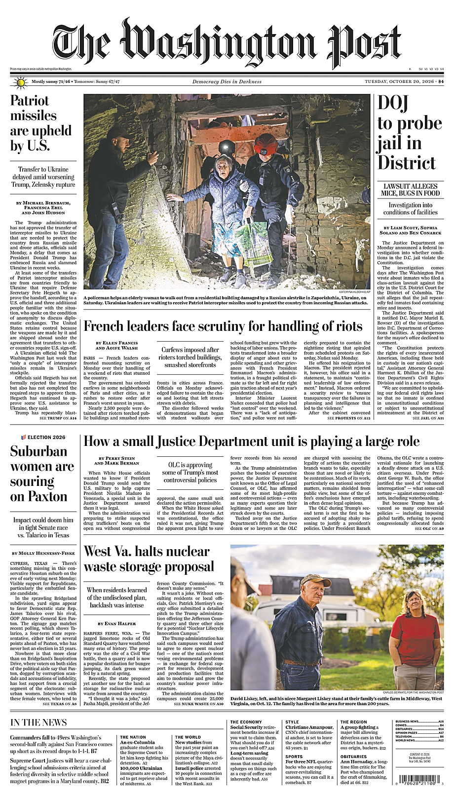 Prima pagina The Washington Post di oggi - Edicola 20 Ottobre 2026