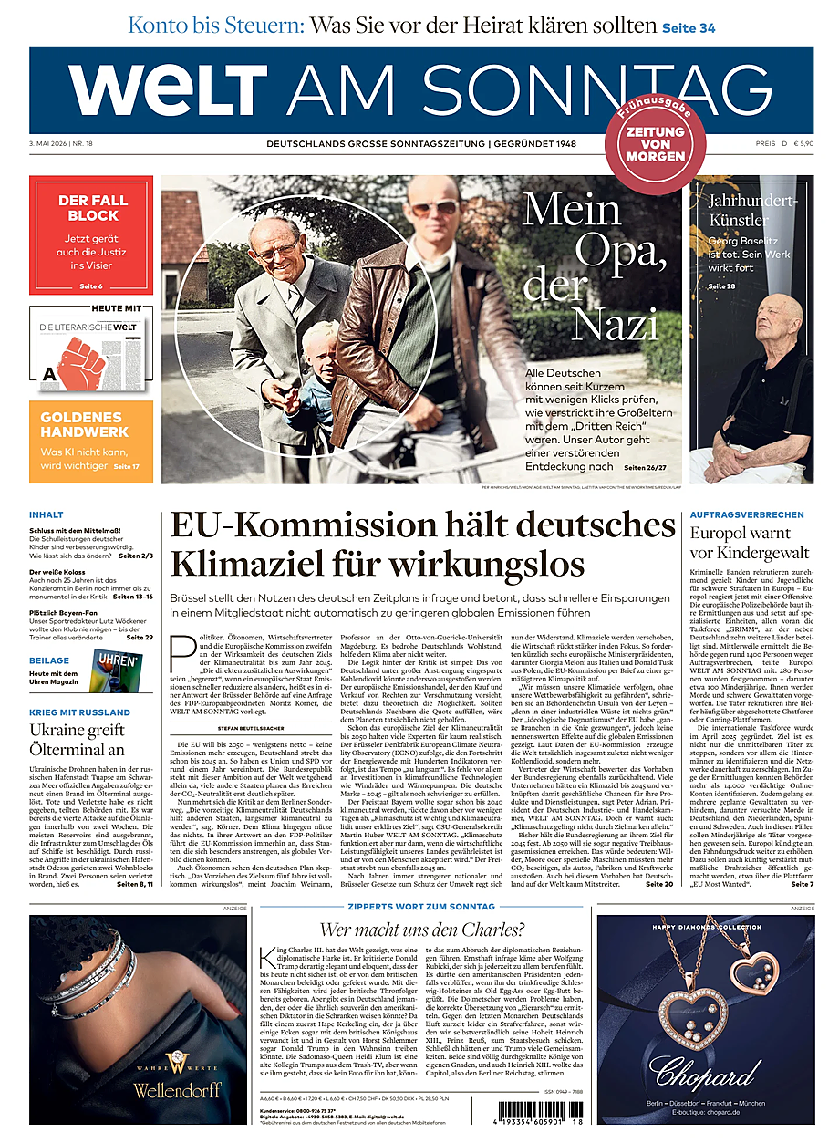 Titelseite von Welt am Sonntag heute - Presse 2 Mai 2026