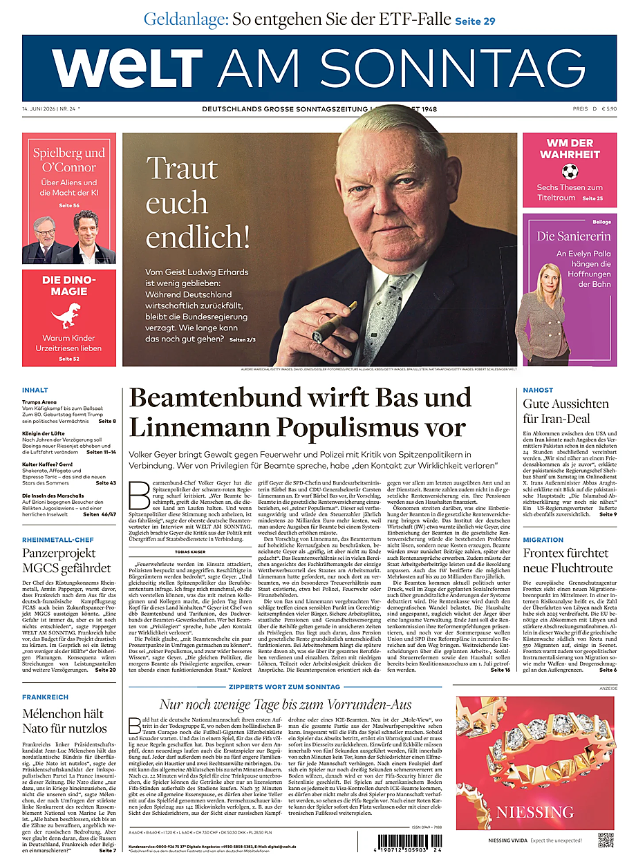 Titelseite von Welt am Sonntag heute - Presse 14 Juni 2026