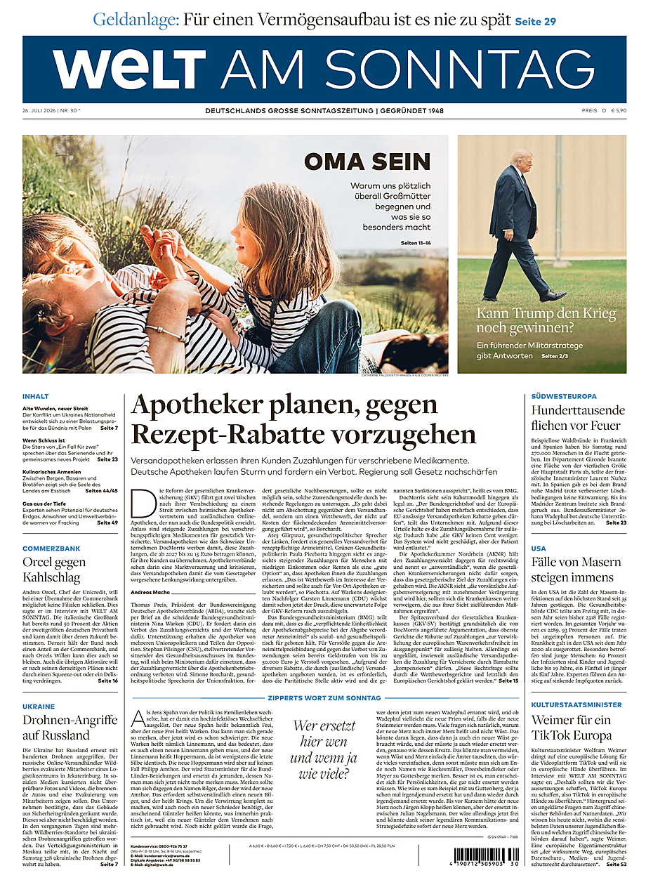 Titelseite von Welt am Sonntag heute - Presse 26 Juli 2026