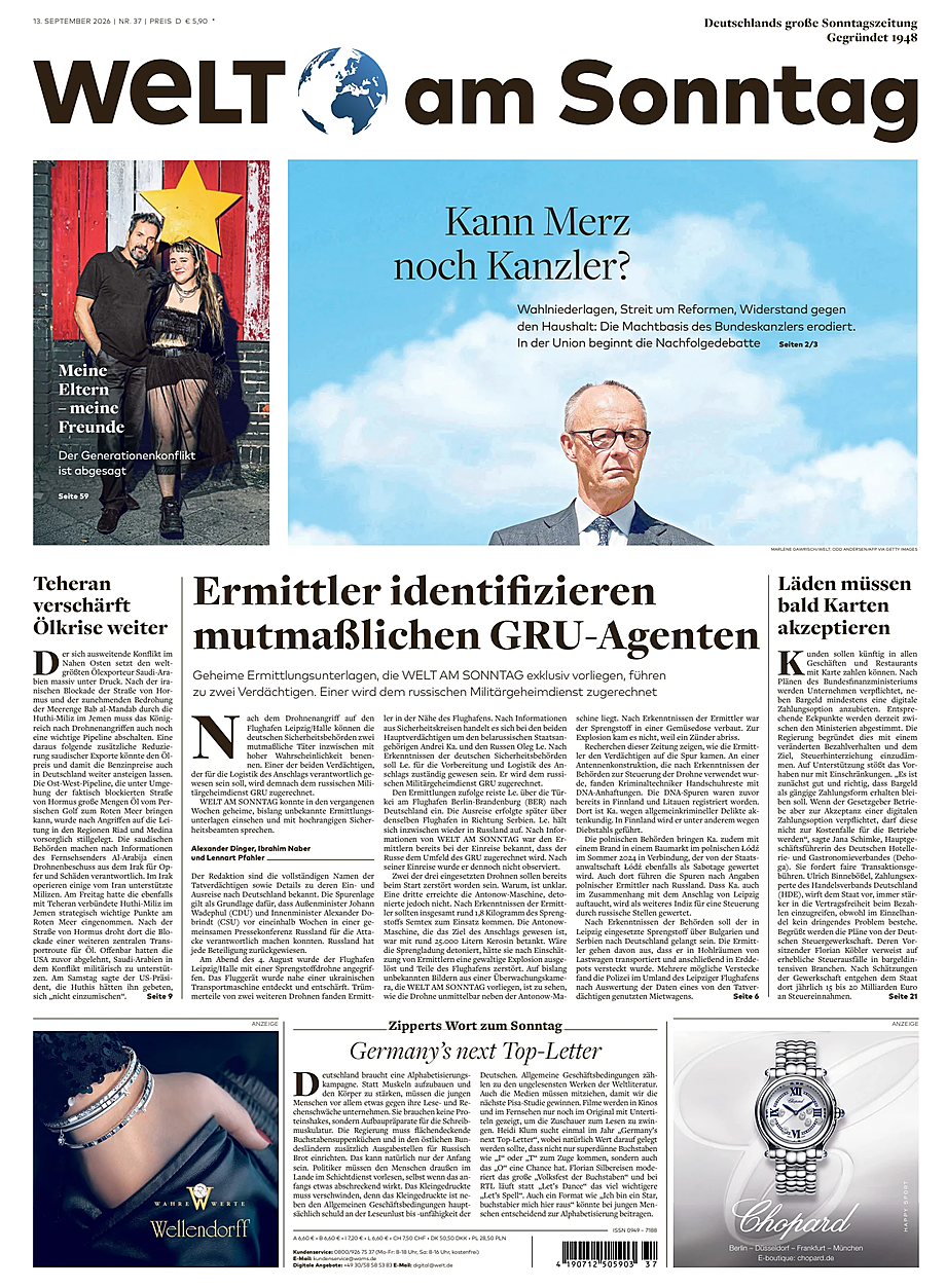 Titelseite von Welt am Sonntag heute - Presse 13 September 2026
