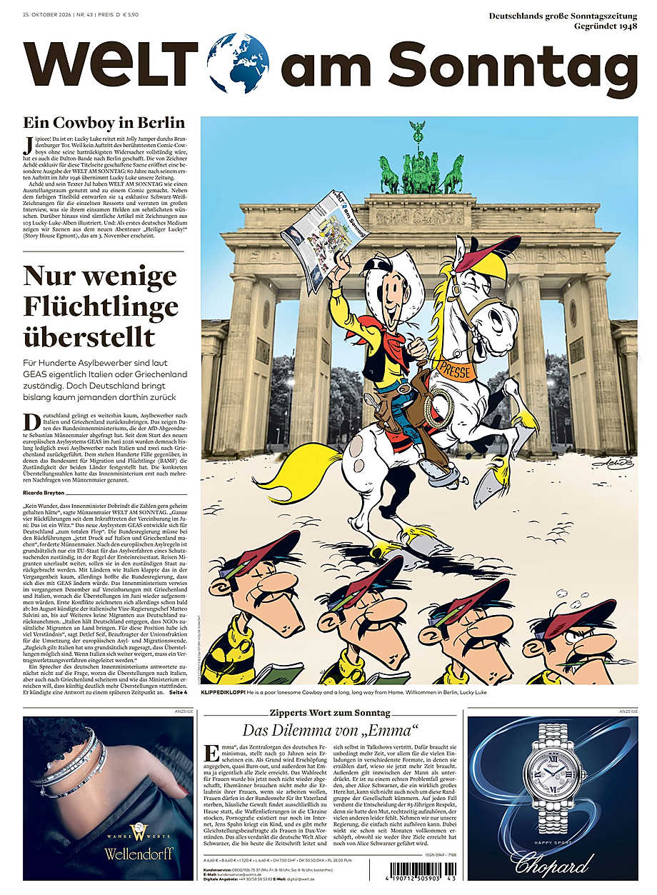 Titelseite von Welt am Sonntag heute - Presse 25 Oktober 2026