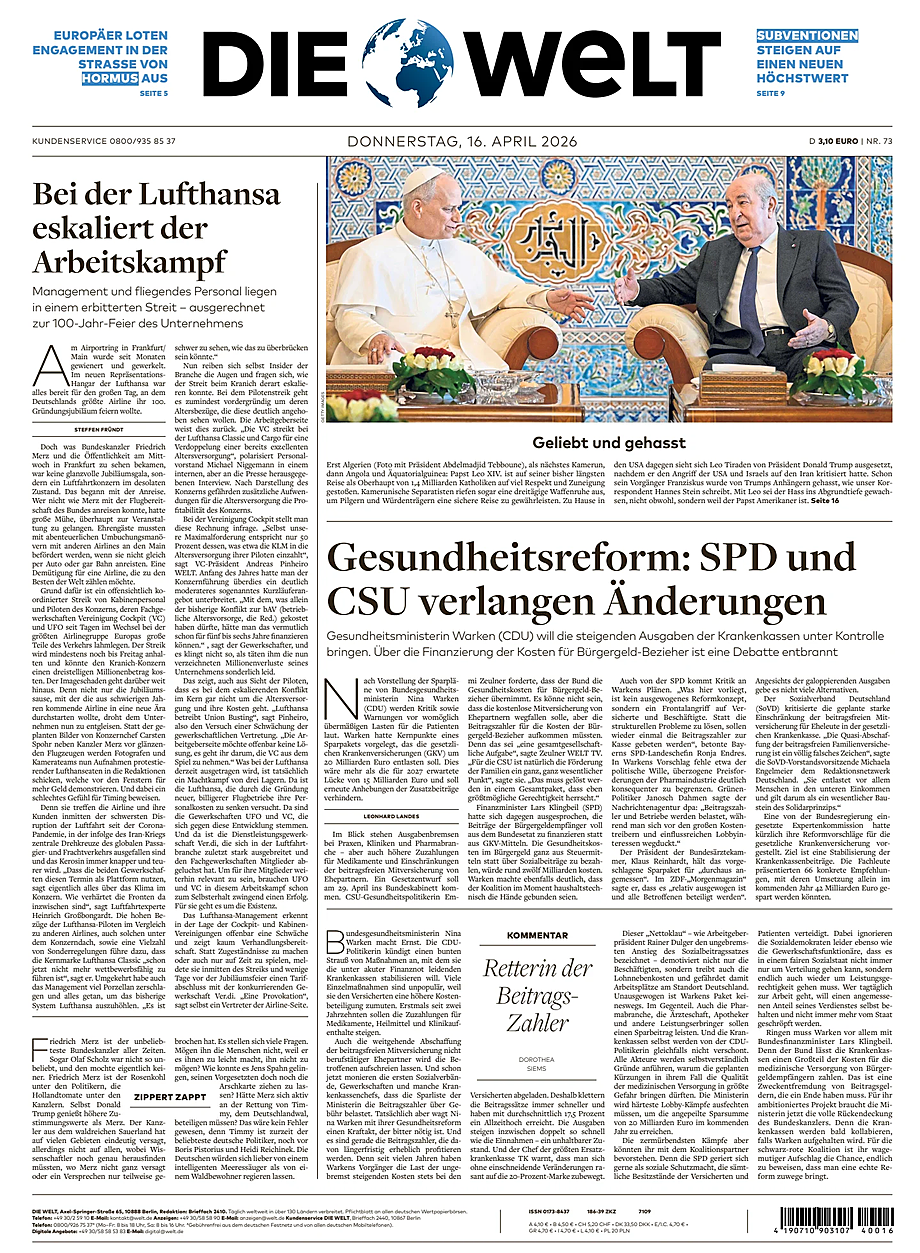 Prima pagina Die Welt di oggi - Edicola 16 Aprile 2026