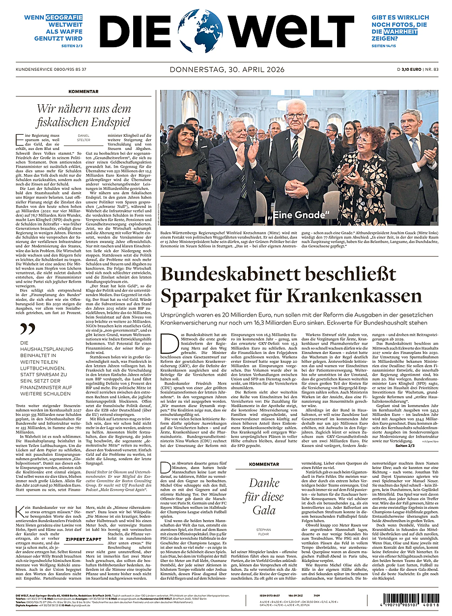 Titelseite von Die Welt heute - Presse 30 April 2026