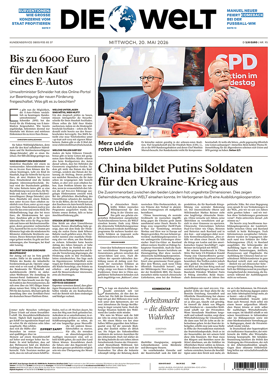 Titelseite von Die Welt heute - Presse 20 Mai 2026