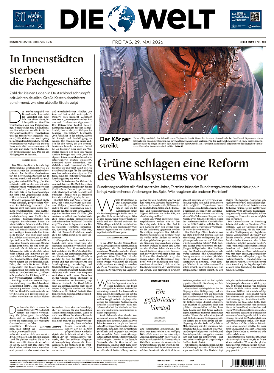 Prima pagina Die Welt di oggi - Edicola 29 Maggio 2026