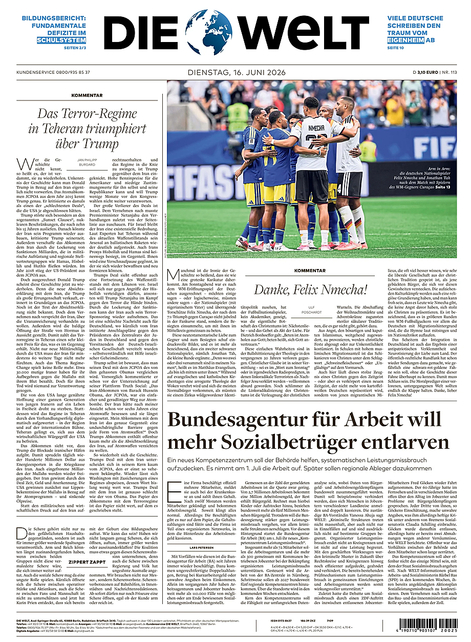 Portada Die Welt de hoy - Quiosco 16 junio 2026
