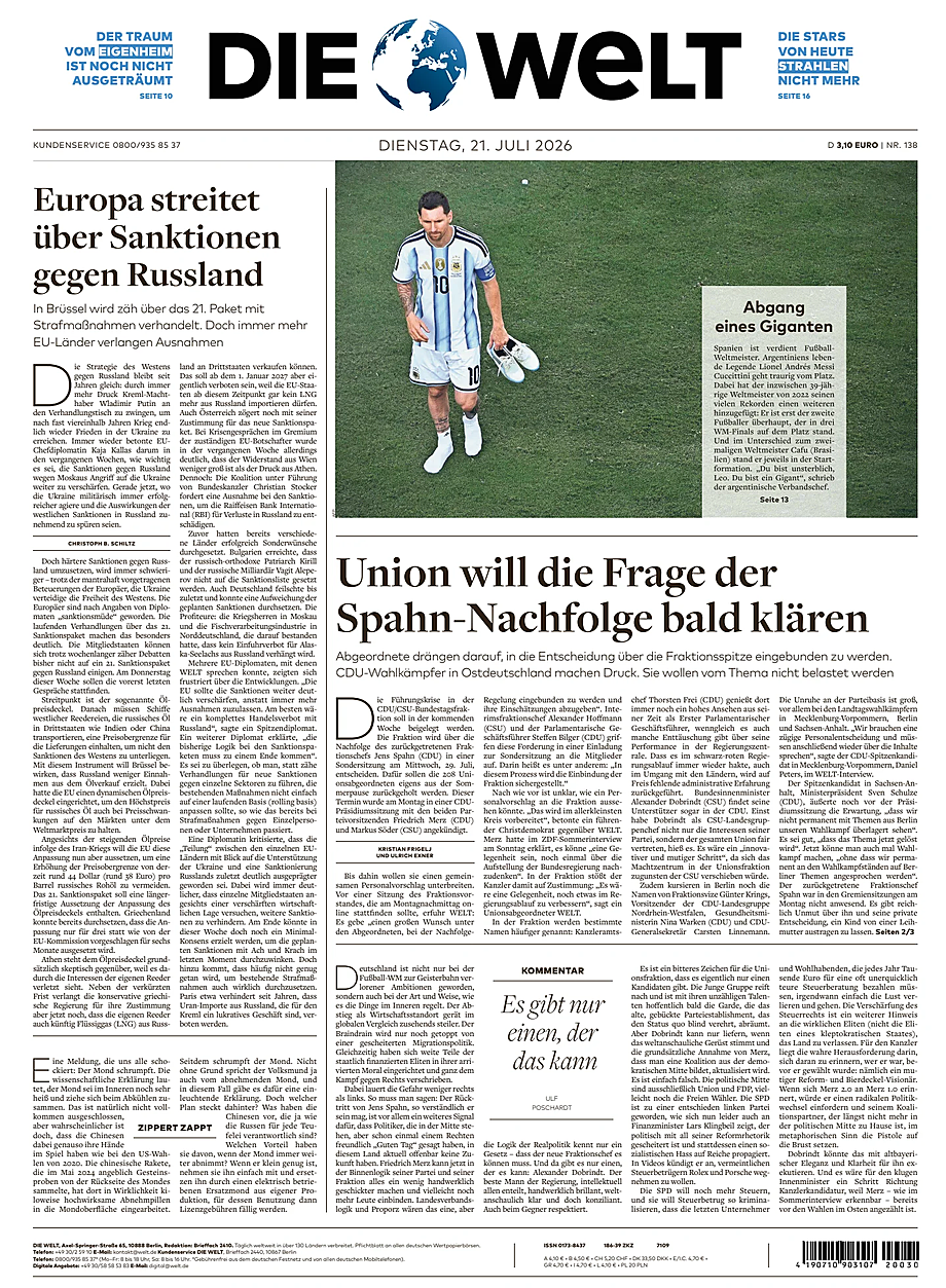 Prima pagina Die Welt di oggi - Edicola 21 Luglio 2026