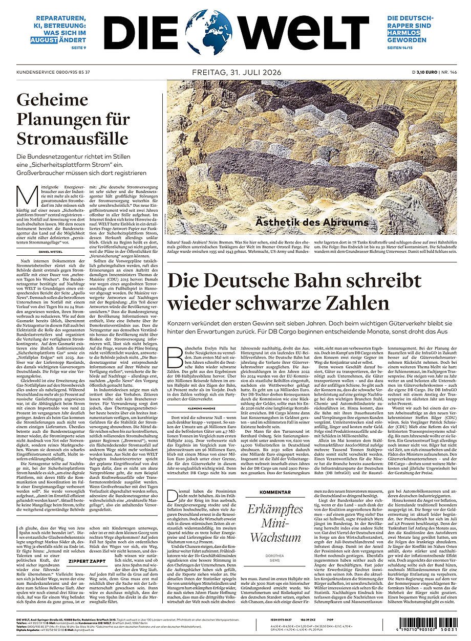 Portada Die Welt de hoy - Quiosco 31 julio 2026