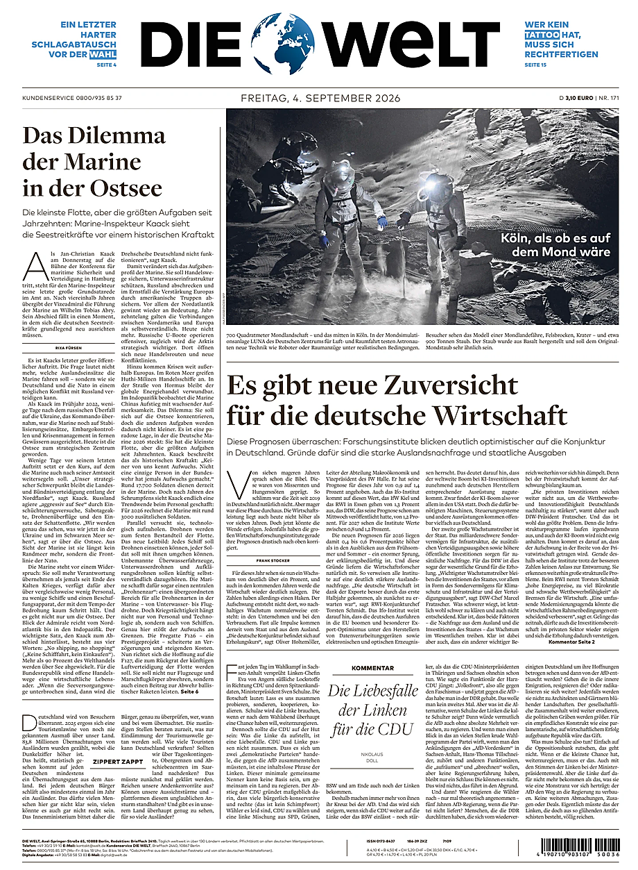 Prima pagina Die Welt di oggi - Edicola 4 Settembre 2026