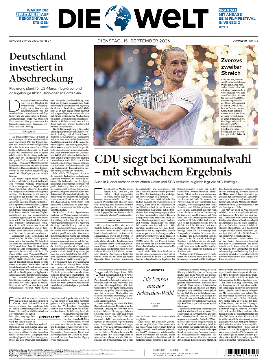 Titelseite von Die Welt heute - Presse 15 September 2026