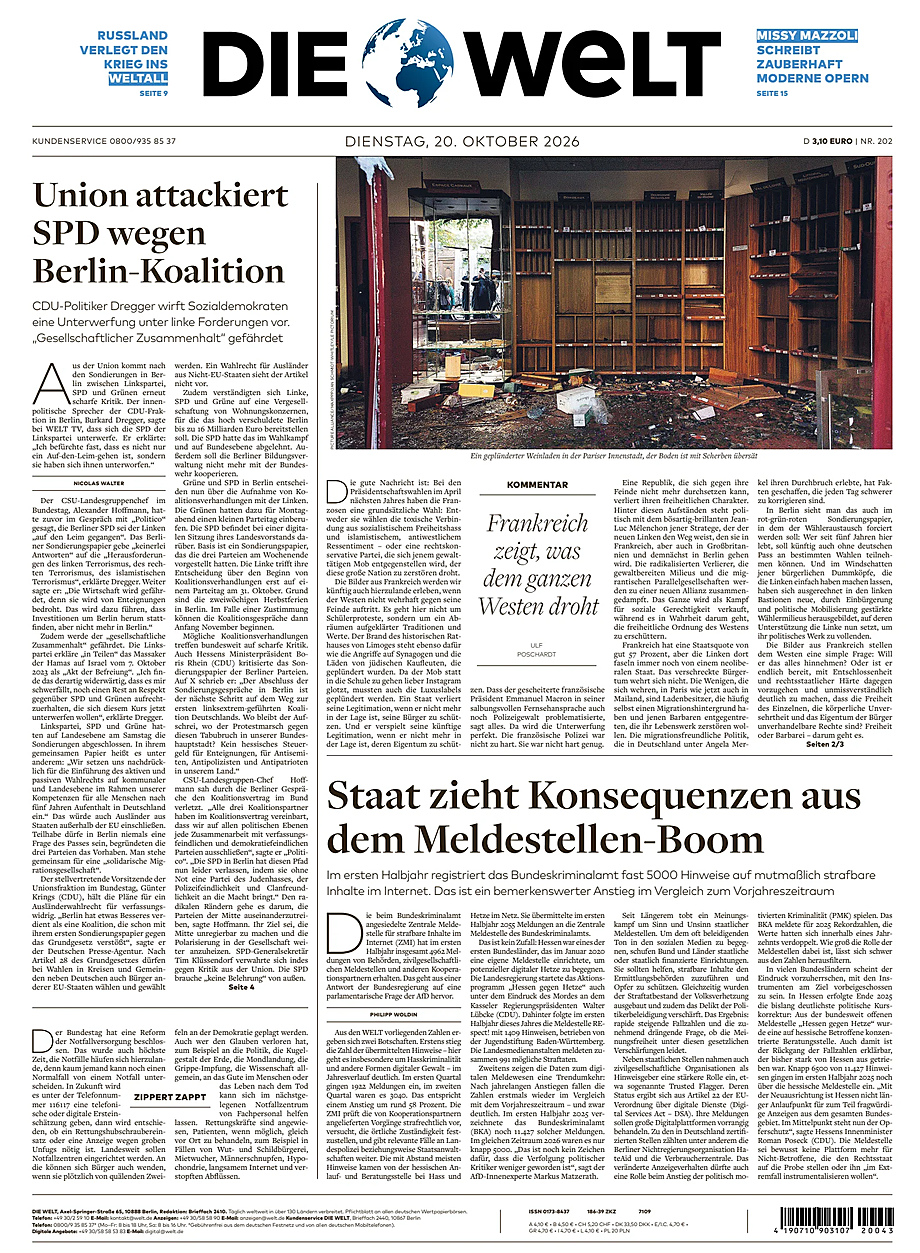 Prima pagina Die Welt di oggi - Edicola 20 Ottobre 2026