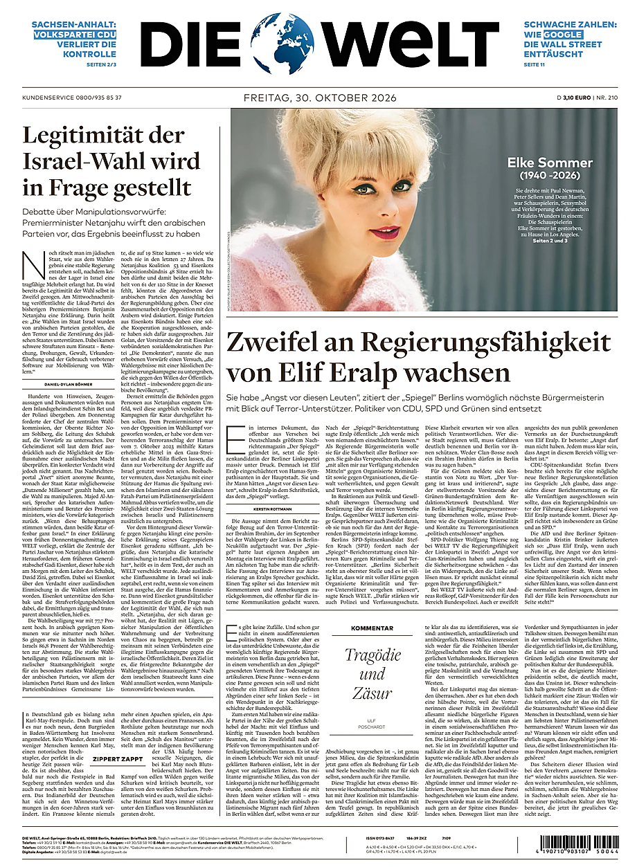 Titelseite von Die Welt heute - Presse 30 Oktober 2026