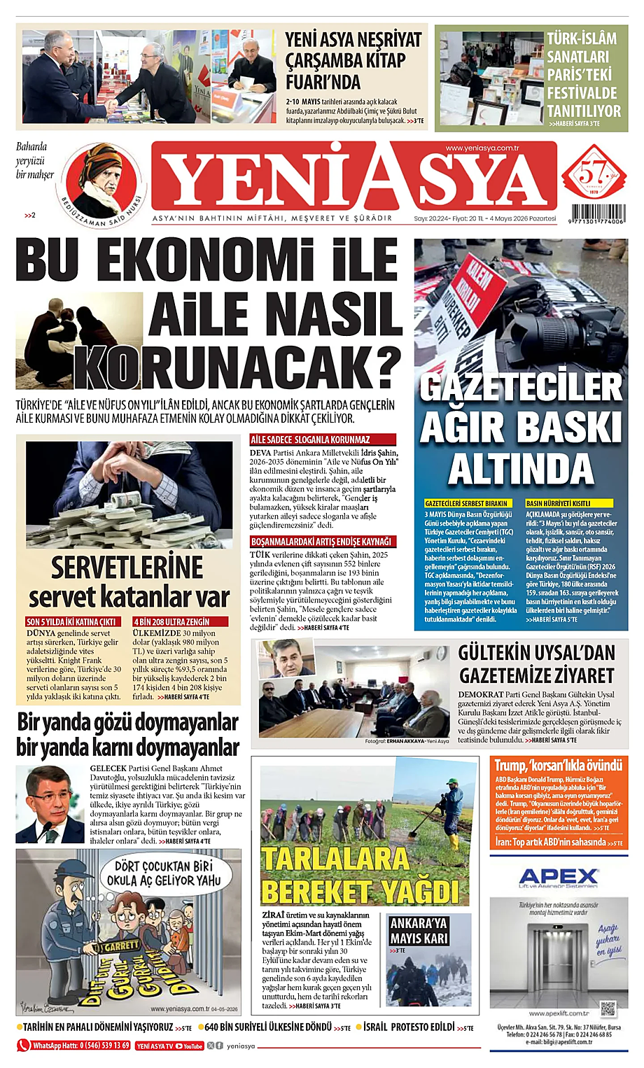 Yeni Asya bugünkü birinci sayfası - Türkiye basını 4 Mayıs 2026