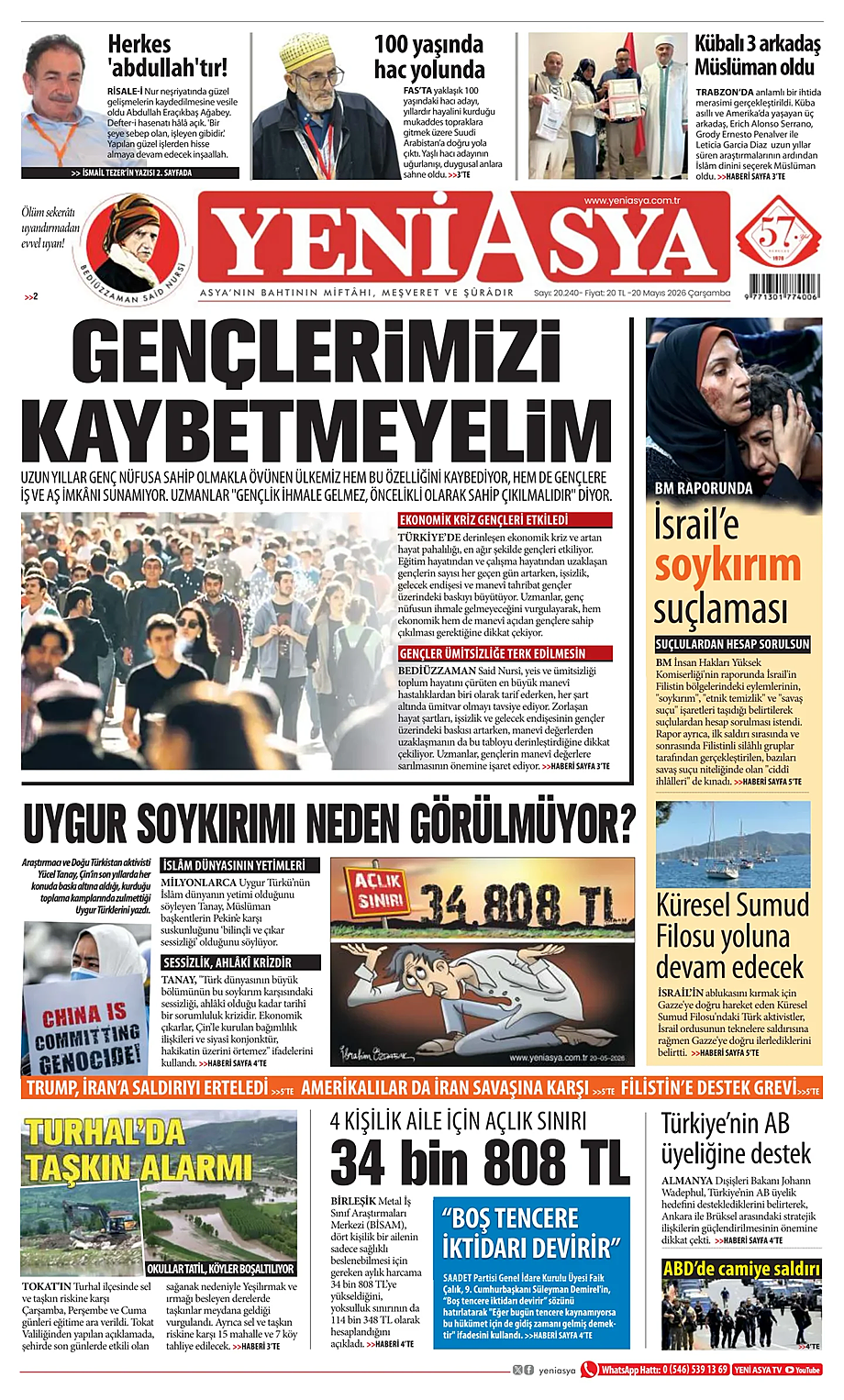 Yeni Asya bugünkü manşeti ve ilk sayfası - Türkiye basını 20 Mayıs 2026