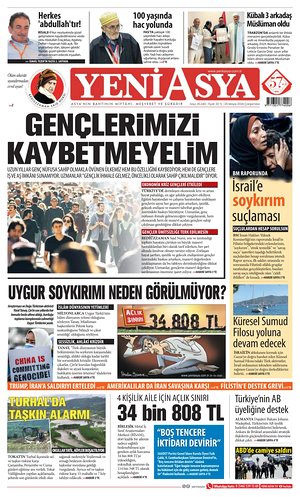 Bugünkü Yeni Asya manşeti ve ilk sayfası - ulusal gazetesi